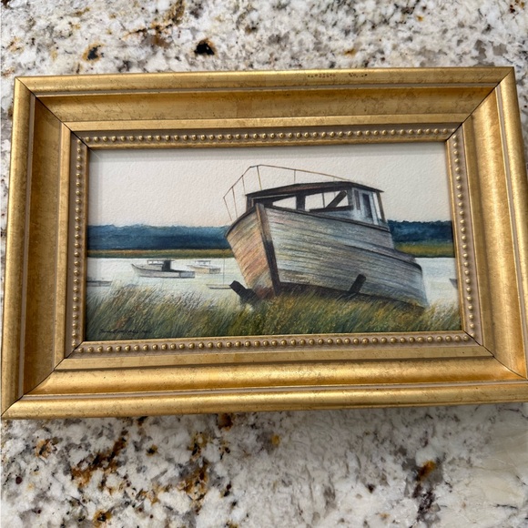 WatercolorBoat Artwork with Gold Frame